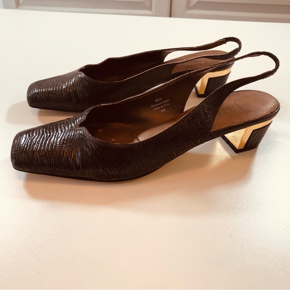 J Renee Bev Slingback Kitten Heels Brown Lizard Embossed Gold Sz 6